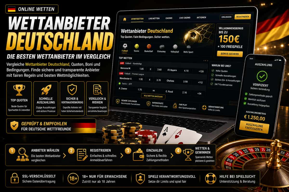 Wettanbieter Deutschland Hero-Banner mit Laptop, Smartphone, Wettquoten sowie deutschen Sicherheits- und Vergleichshinweisen.
